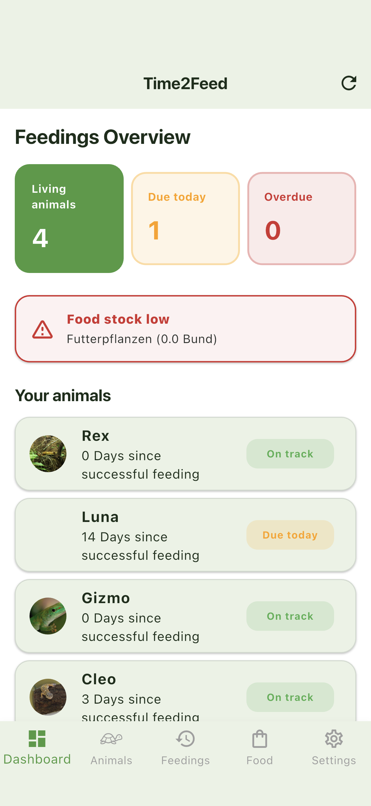Time2Feed App Dashboard with feeding status traffic light for multiple animals